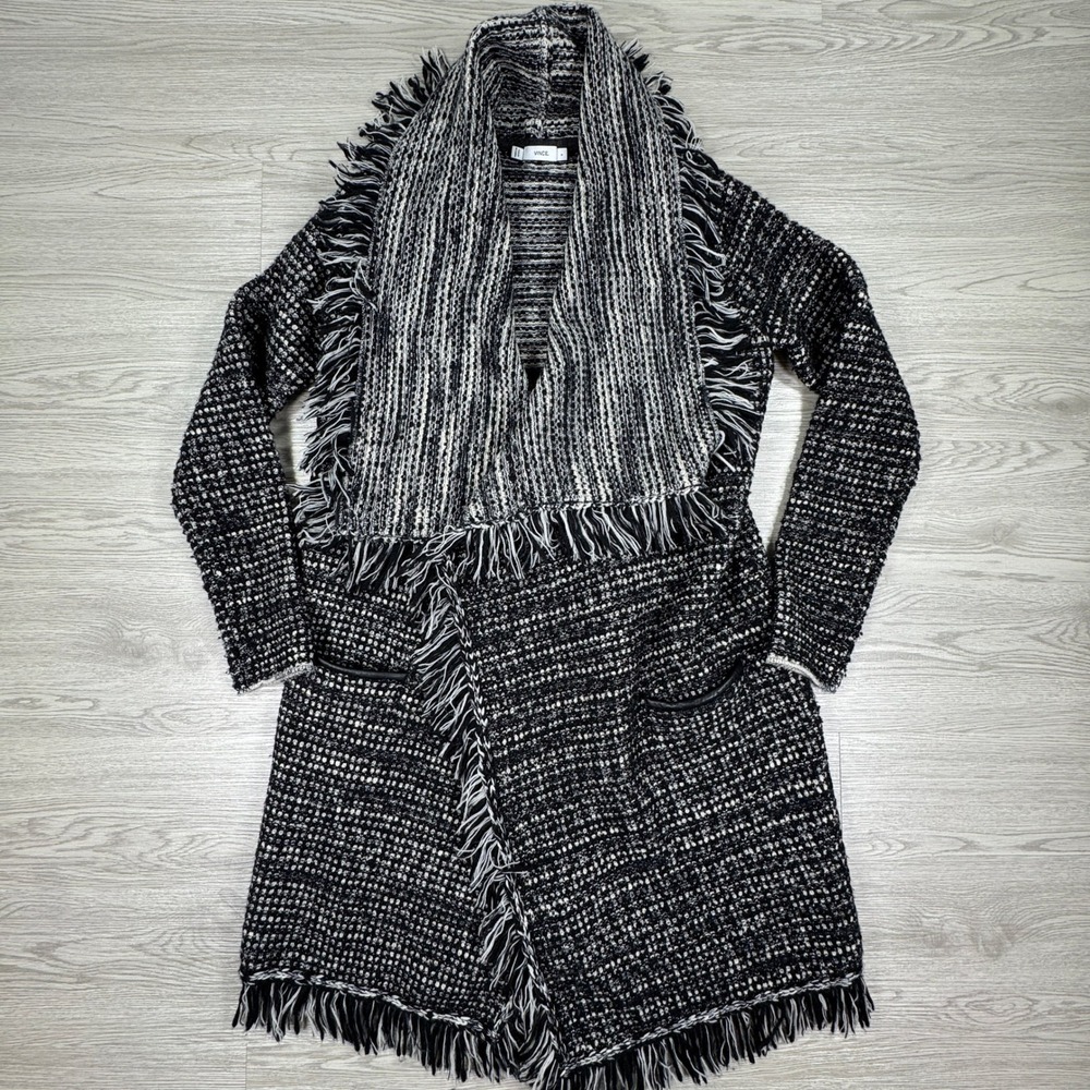 Vince Women Cardigan Sweater Black White Fringe Wool Leather Trim Small Longline